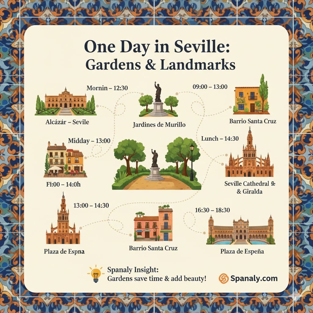 A one-day Seville itinerary infographic showing a timeline from morning at the Alcázar, midday at Jardines de Murillo, lunch in Barrio Santa Cruz, and afternoon at the Cathedral and Plaza de España.