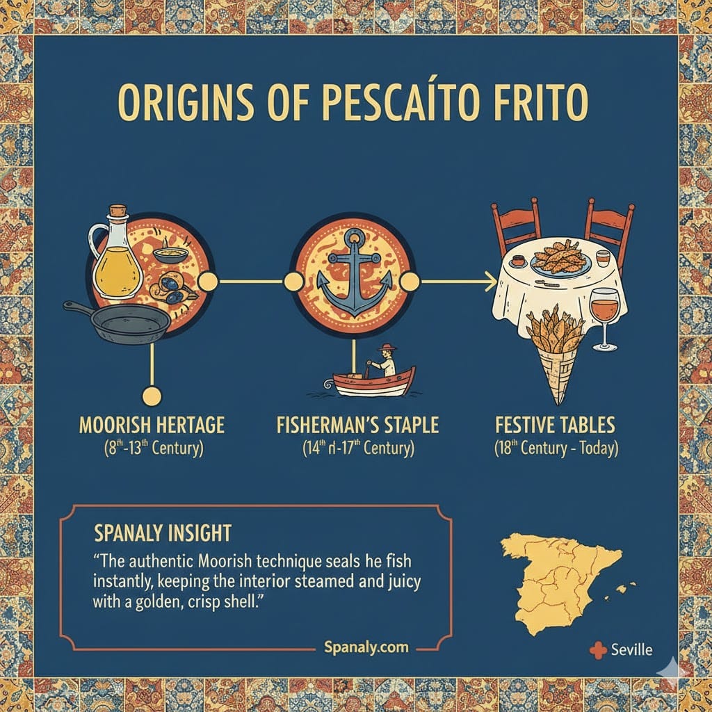 An infographic timeline showing the history of Pescaíto Frito in Seville, from Moorish heritage and fisherman staple to modern festive tables, including a Spain map and Spanaly insight.