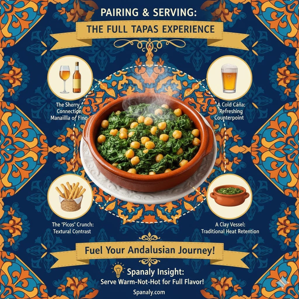 A vibrant infographic showing the full tapas experience for Espinacas con Garbanzos, featuring Sherry wine, Picos breadsticks, a clay vessel, and a cold caña beer by Spanaly.com.