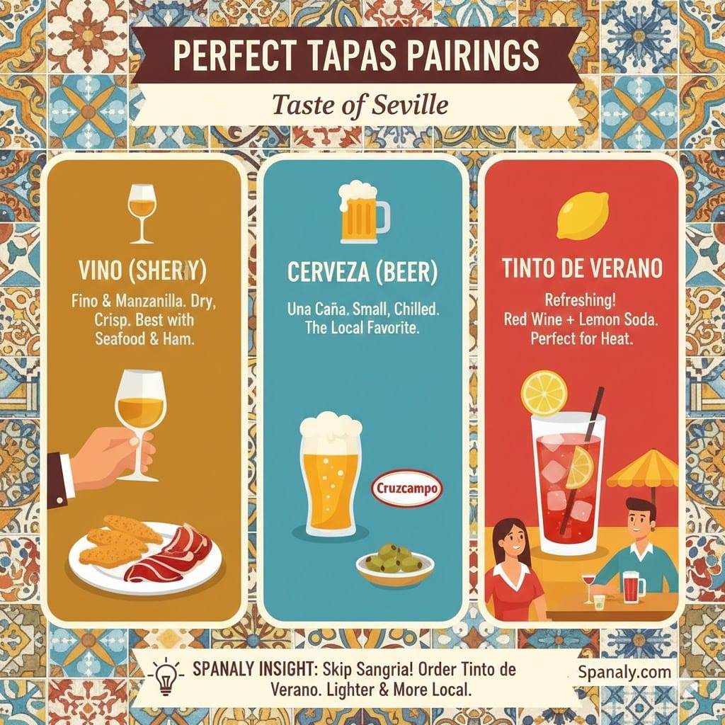 A colorful infographic titled Perfect Tapas Pairings, featuring three sections: Sherry (Vino) with ham, Beer (Cerveza) with olives, and Tinto de Verano. Includes a Spanaly insight recommending Tinto de Verano over Sangria.