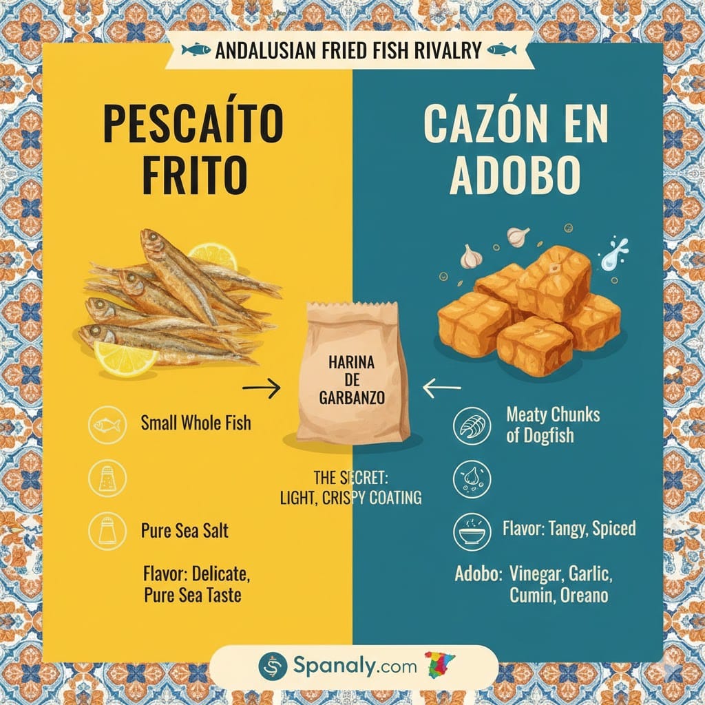 An infographic comparing Andalusian Pescaíto Frito and Cazón en Adobo, showing whole small fish vs marinated dogfish chunks, featuring chickpea flour (harina de garbanzo) as the secret ingredient.
