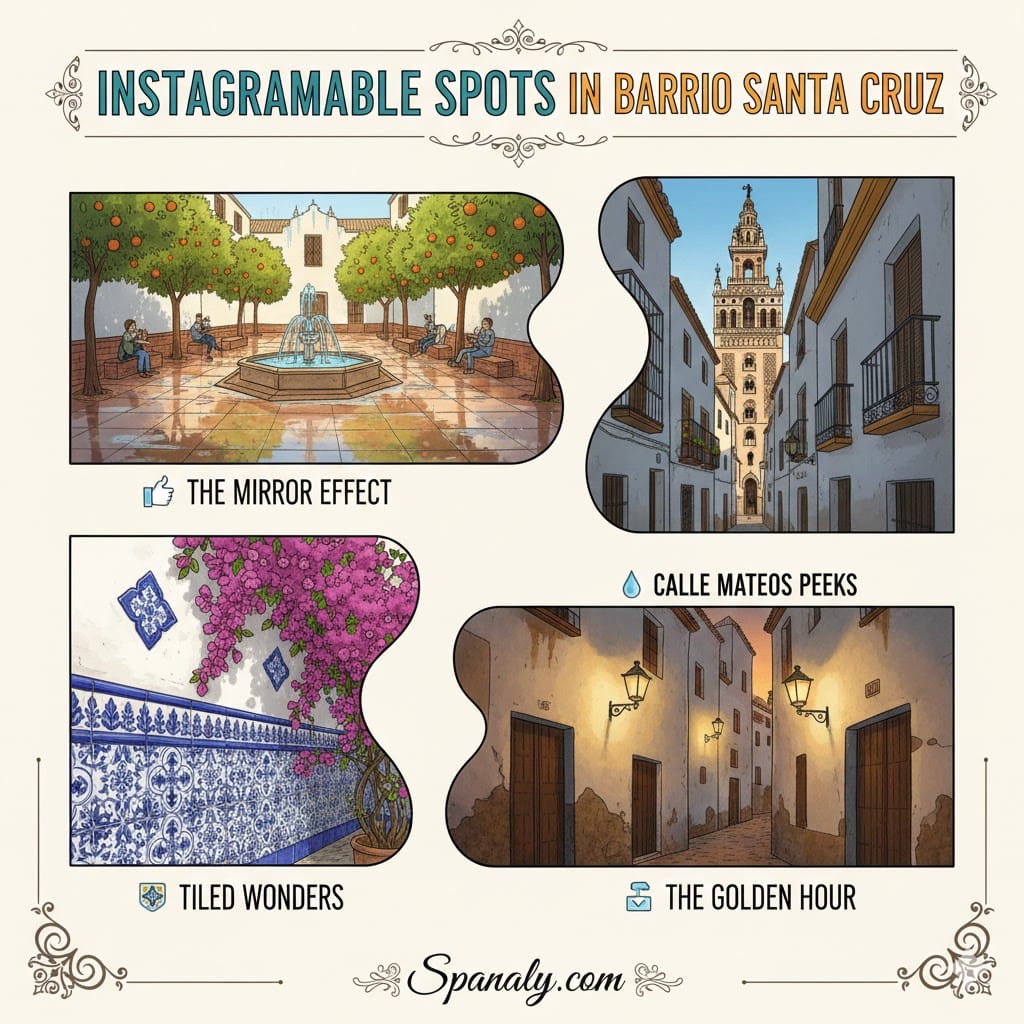 A colorful artistic infographic titled "Instagrammable Spots in Barrio Santa Cruz". It features four hand-drawn panels: The Mirror Effect in a wet plaza, Cathedral Peeks from Calle Mateos Gago, Tiled Wonders with blue ceramics and flowers, and The Golden Hour in a narrow alley at sunset. Created by Spanaly.com.