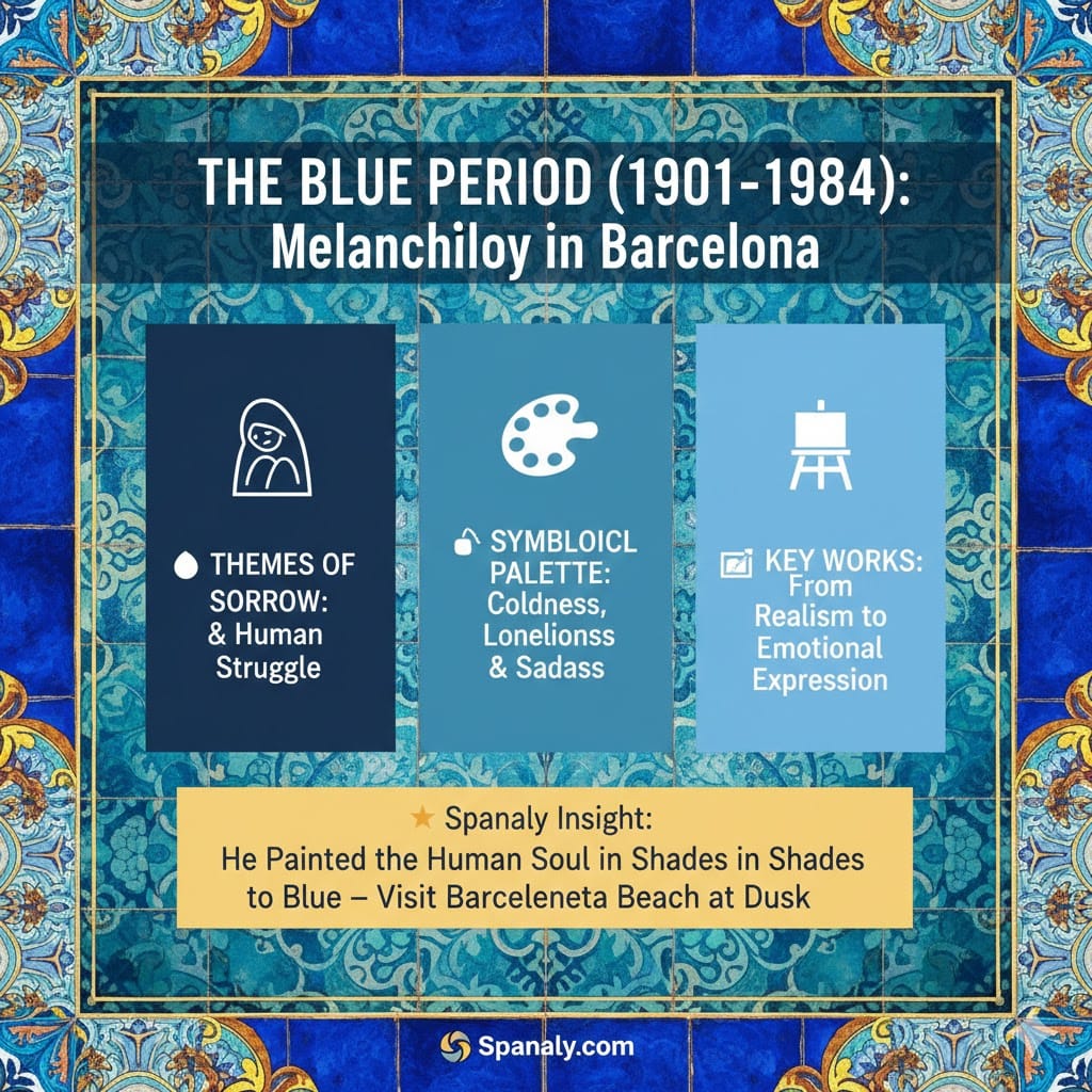 A colorful infographic titled The Blue Period (1901-1904): Melancholy in Barcelona. It features three blue-toned panels: Themes of Sorrow (Human Struggle), Symbolic Palette (Coldness & Loneliness), and Key Works (Realism to Expression). Includes a Spanaly Insight recommending a visit to Barceloneta Beach at dusk. Logo: Spanaly.com.