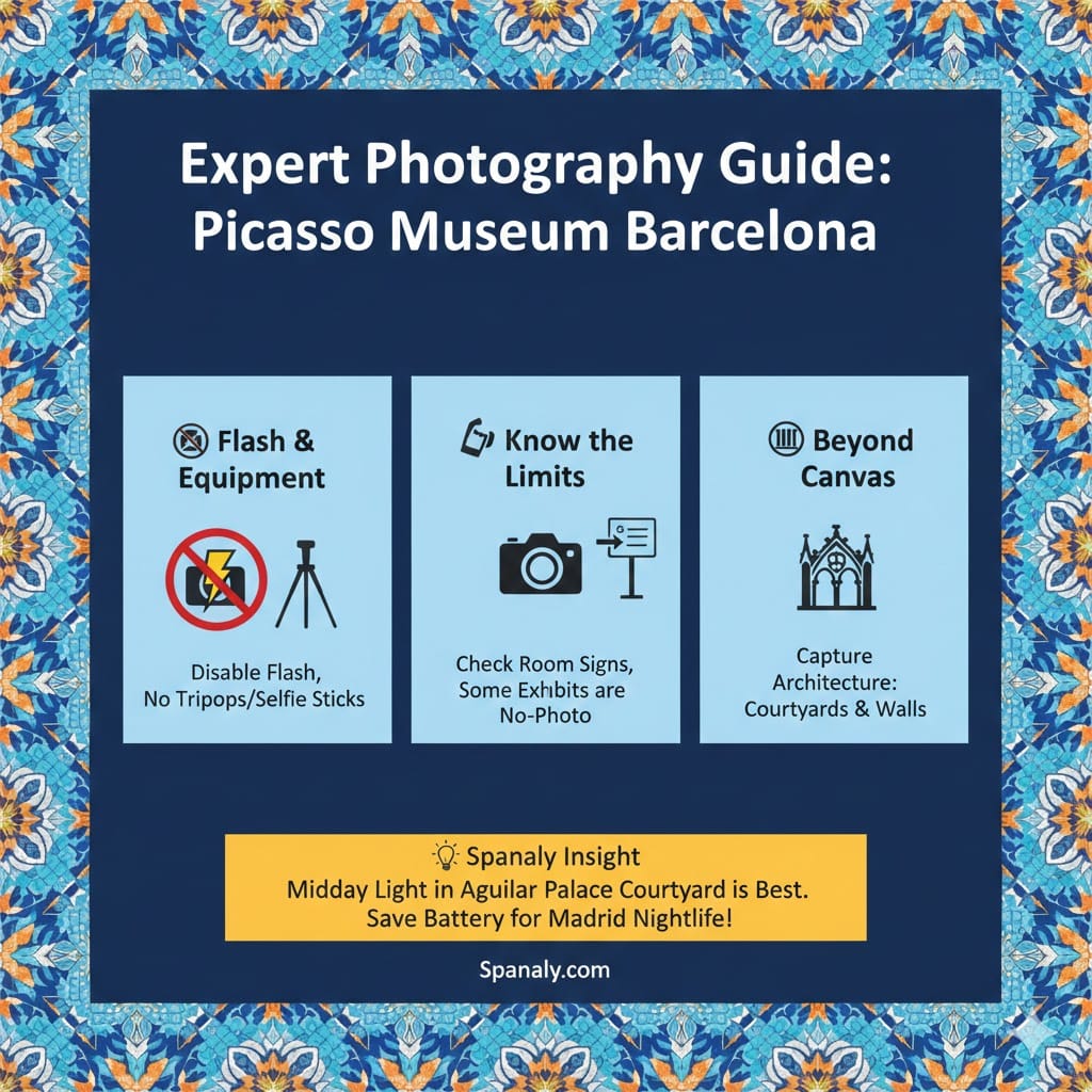 An infographic titled Expert Photography Guide: Picasso Museum Barcelona. It features three sections: Flash & Equipment (Disable flash, no tripods), Know the Limits (Check room signs for no-photo zones), and Beyond Canvas (Capture Gothic courtyards). Includes a Spanaly Insight about midday light and saving battery for Madrid nightlife. Logo: Spanaly.com.
