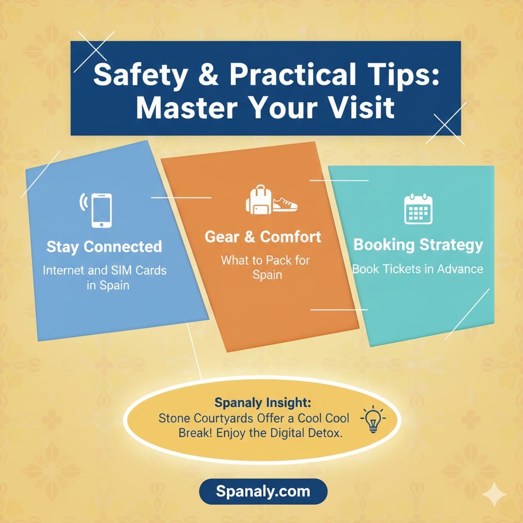 A vibrant, colorful infographic titled Safety & Practical Tips: Master Your Visit. It features three 3D-style slanted panels in blue, orange, and teal: Stay Connected (Internet and SIM Cards in Spain), Gear & Comfort (What to Pack for Spain), and Booking Strategy (Book Tickets in Advance). Includes a glowing Spanaly Insight about stone courtyards. Logo: Spanaly.com.