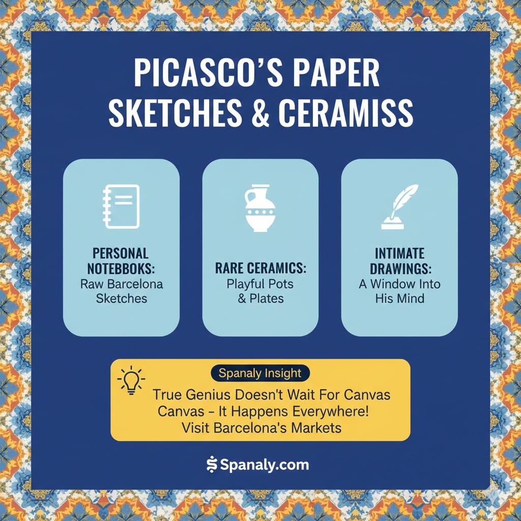 A colorful infographic titled Picasso’s Paper Sketches & Ceramics. It features three sections: Personal Notebooks (Raw Barcelona Sketches), Rare Ceramics (Playful Pots & Plates), and Intimate Drawings (A Window Into His Mind). Includes a Spanaly Insight: True Genius Doesn’t Wait For Canvas. Logo: Spanaly.com.