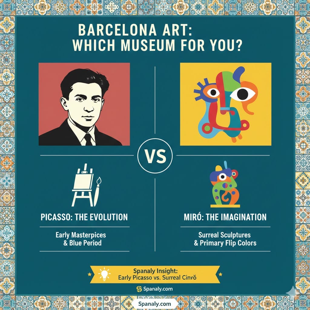 A colorful 1024x1024 infographic titled Barcelona Art: Which Museum for You? It compares the Picasso Museum (The Evolution) with early masterpieces and Blue Period works against the Joan Miró Foundation (The Imagination) with surreal sculptures and primary colors. A central VS icon separates the two styles. Logo: Spanaly.com.
