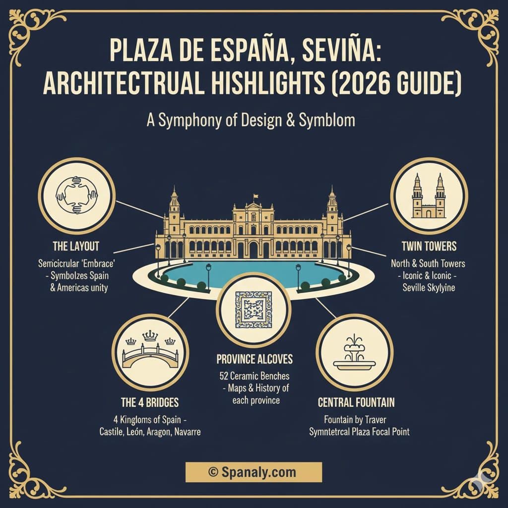 Architectural infographic of Plaza de España Seville in 2026, highlighting the Neo-Mudéjar style, ceramic bridges, twin towers, and province alcoves on a Spain map background by Spanaly.com.