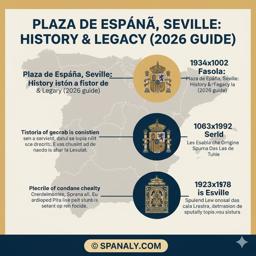 Historical infographic of Plaza de España in Seville for 2026, showcasing its 1929 construction, Aníbal González architecture, and movie locations on a Spain map background by Spanaly.com.