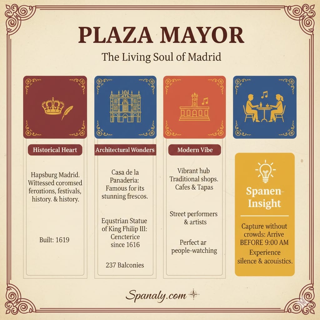 Detailed infographic of Plaza Mayor in Madrid, highlighting the Casa de la Panadería frescoes, Philip III statue, and Spanaly's morning photography tip.