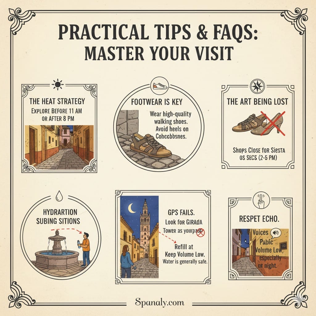 A colorful practical infographic titled "Practical Tips & FAQs: Master Your Visit". It features multiple icon-based panels: The Heat Strategy (best times to visit), Footwear is Key (walking shoes vs heels), The Art of Being Lost (GPS fails and using Giralda as a compass), Hydration Stations (public fountains), and Respect Echo (keeping volume low in narrow streets). Created by Spanaly.com.