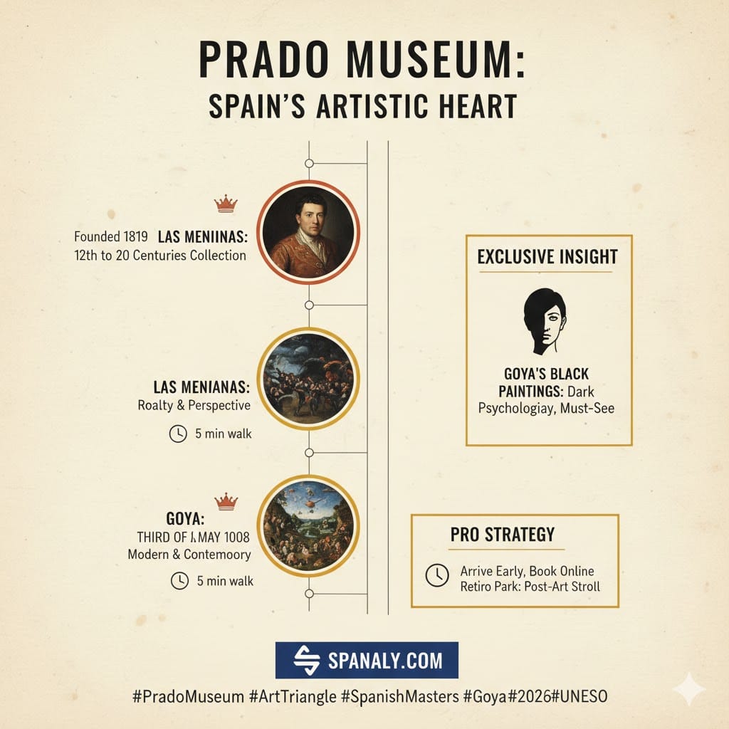 Infographic showing Prado Museum highlights in Madrid, including Las Meninas by Velázquez, Goya's Third of May, and tips for visiting Retiro Park.
