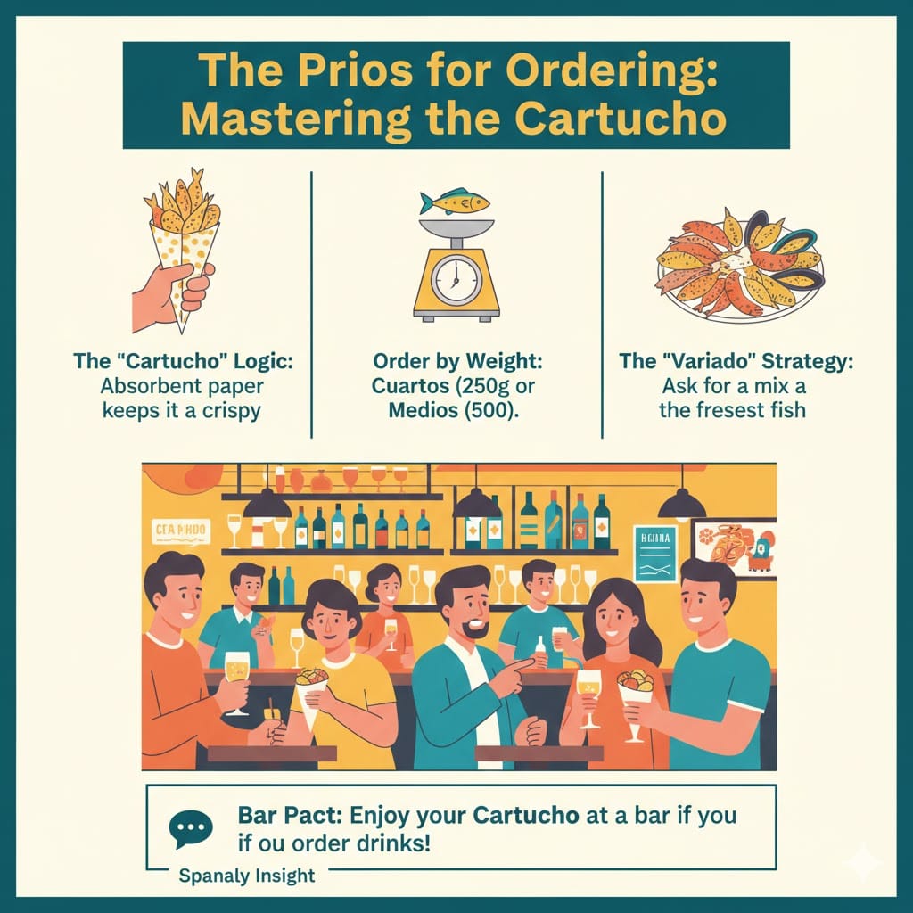 An infographic guide on how to order fried fish in Seville, explaining the paper Cartucho, ordering by weight (grams), the mixed platter strategy, and the bar-pact custom.