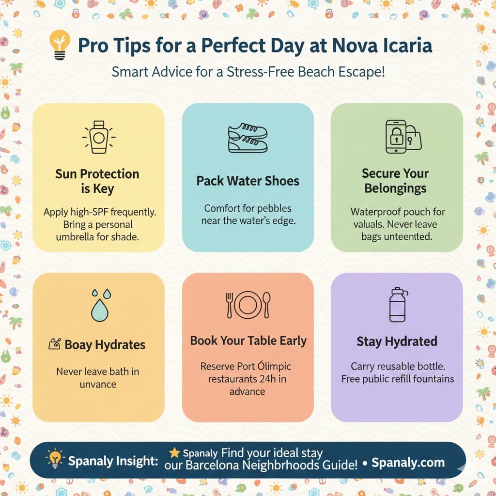 A colorful infographic titled 'Pro Tips for a Perfect Day at Nova Icaria'. It features smart advice on Sun Protection, Packing Water Shoes, Securing Belongings, Booking Tables Early, and Staying Hydrated. Created by Spanaly.com.