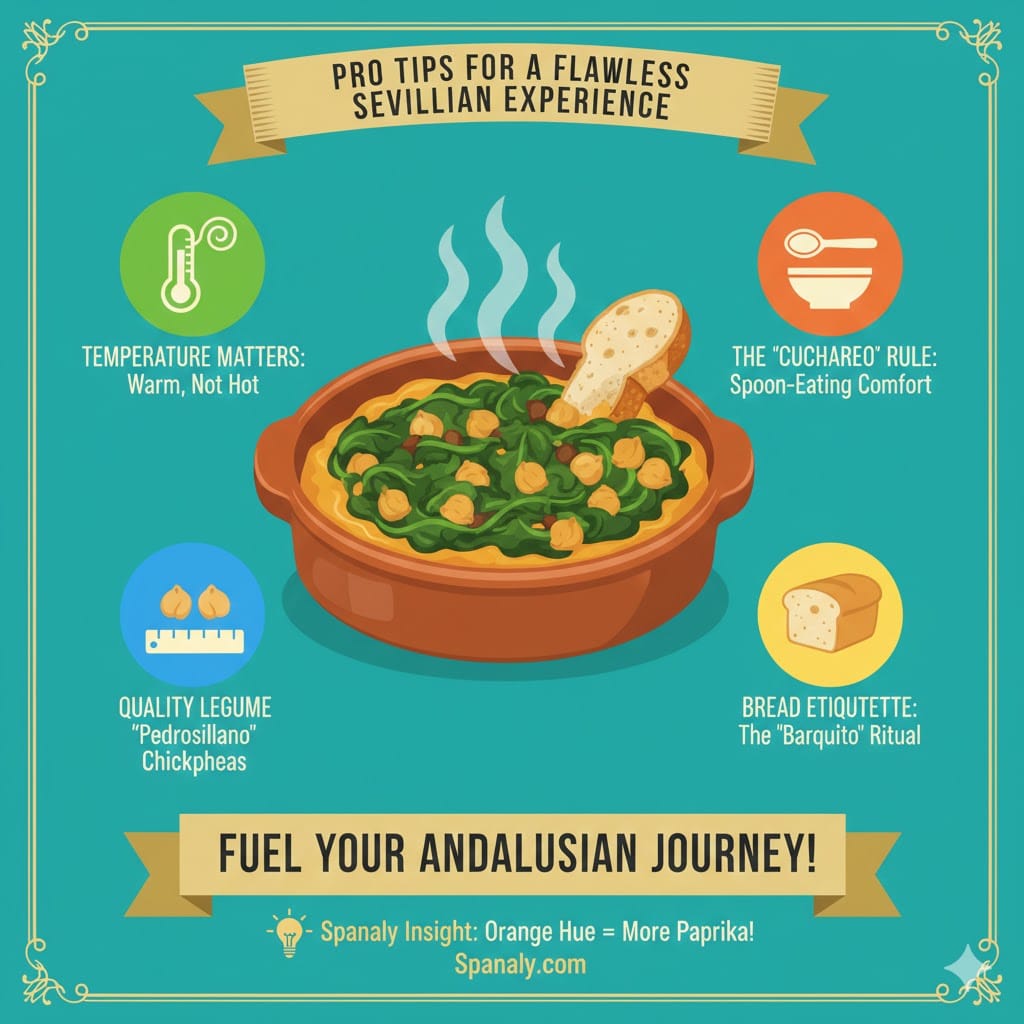 A professional infographic featuring pro tips for enjoying Espinacas con Garbanzos in Seville, including serving temperatures, the Cuchareo rule, and the Barquito bread ritual by Spanaly.com.