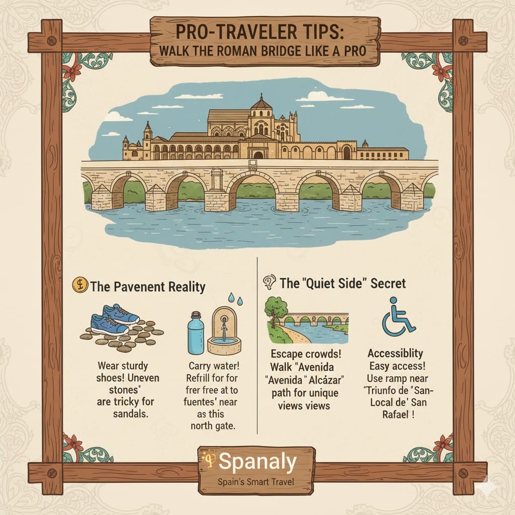 A practical pro-traveler infographic for the Roman Bridge of Córdoba, featuring tips on footwear, hydration, accessibility, and hidden riverbank viewpoints by Spanaly.