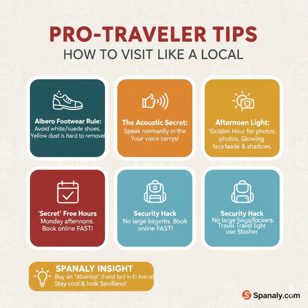 A professional infographic titled Pro-Traveler Tips: How to Visit Like a Local, featuring insider advice on the Albero footwear rule, acoustic secrets, the best light for photography, and security hacks for the Seville Bullring.