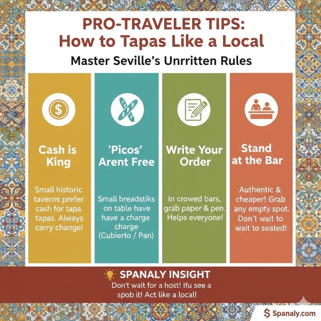 A colorful infographic titled Pro-Traveler Tips: How to Tapas Like a Local, featuring four key rules: Cash is King, Picos Aren't Free, Write Your Order, and Stand at the Bar, with a Spanaly insight about self-seating.