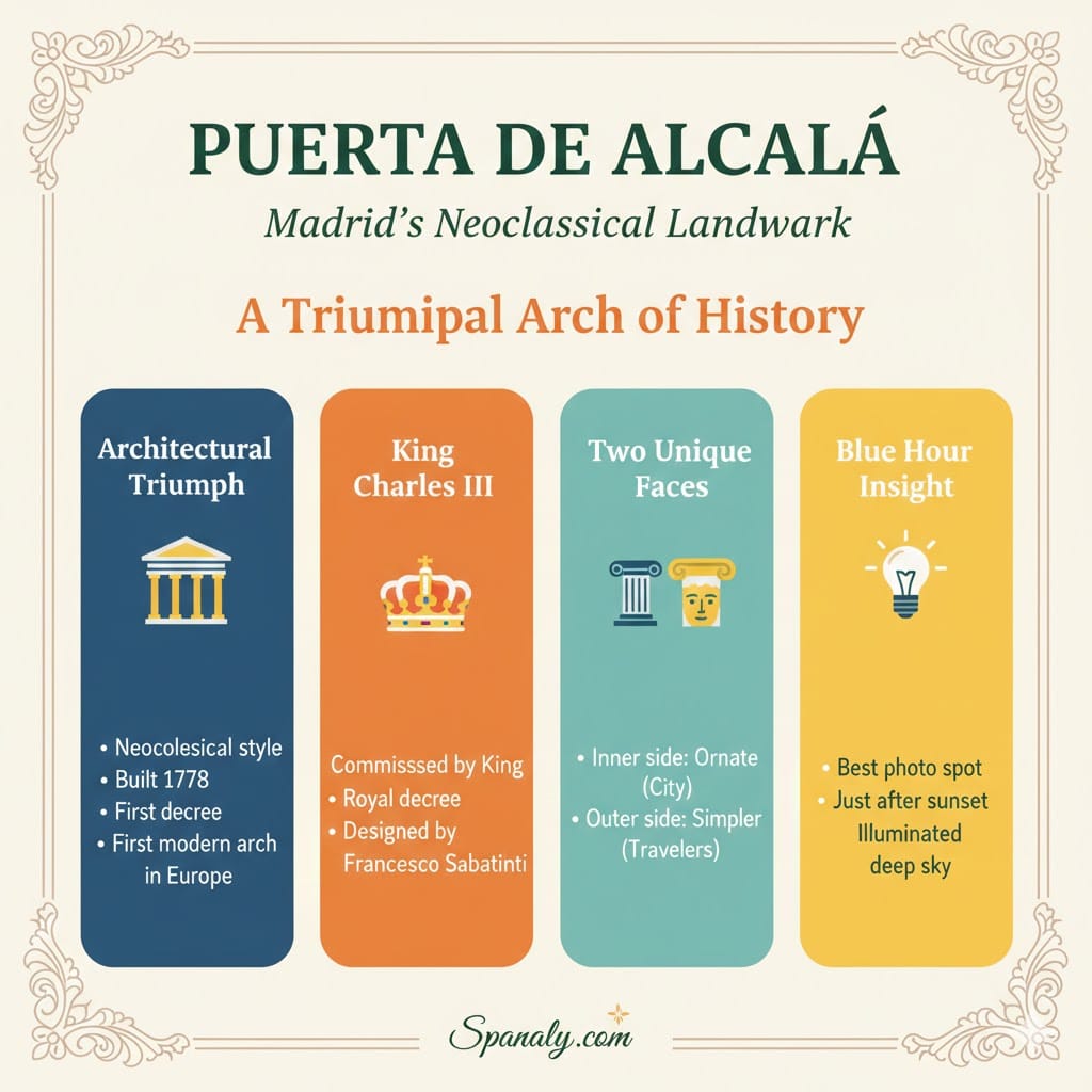 Colorful infographic of Puerta de Alcalá in Madrid, highlighting its Neoclassical architecture, King Charles III's influence, and the best photography tips for the blue hour.