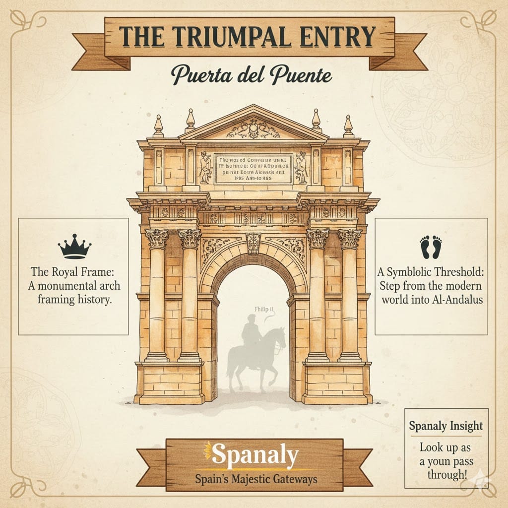 An elegant architectural infographic of the Puerta del Puente in Córdoba, featuring its Renaissance design, royal history of King Philip II, and Spanaly travel insights.