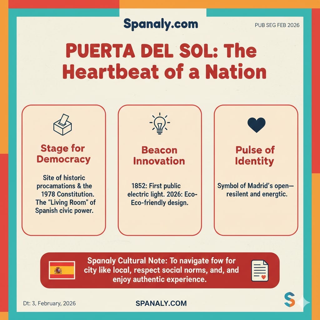 A colorful infographic about Puerta del Sol’s significance, highlighting its role as a stage for democracy, its history with the first electric lights in 1852, and its identity as the heartbeat of Madrid.