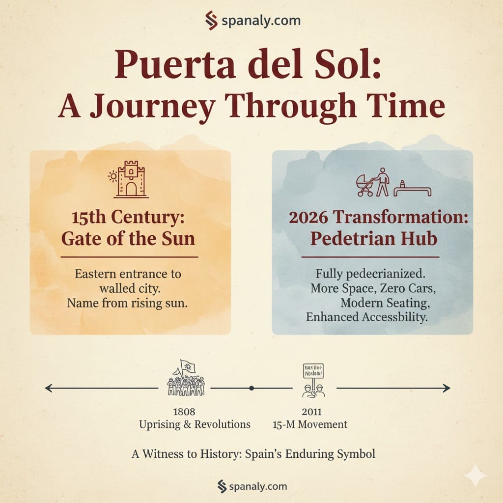 A historical timeline infographic of Puerta del Sol, Madrid, showing its evolution from a 15th-century city gate to a fully pedestrianized modern hub in 2026, including key historical events like the 1808 uprising.