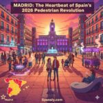 A vibrant artistic illustration of Puerta del Sol in 2026, featuring the clock tower at sunset, the 'Kilometre Zero' plaque, and people enjoying the pedestrian zone. Includes a map of Spain pointing to Madrid and the Spanaly.com logo.