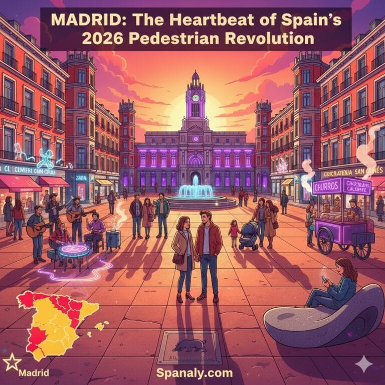 A vibrant artistic illustration of Puerta del Sol in 2026, featuring the clock tower at sunset, the 'Kilometre Zero' plaque, and people enjoying the pedestrian zone. Includes a map of Spain pointing to Madrid and the Spanaly.com logo.
