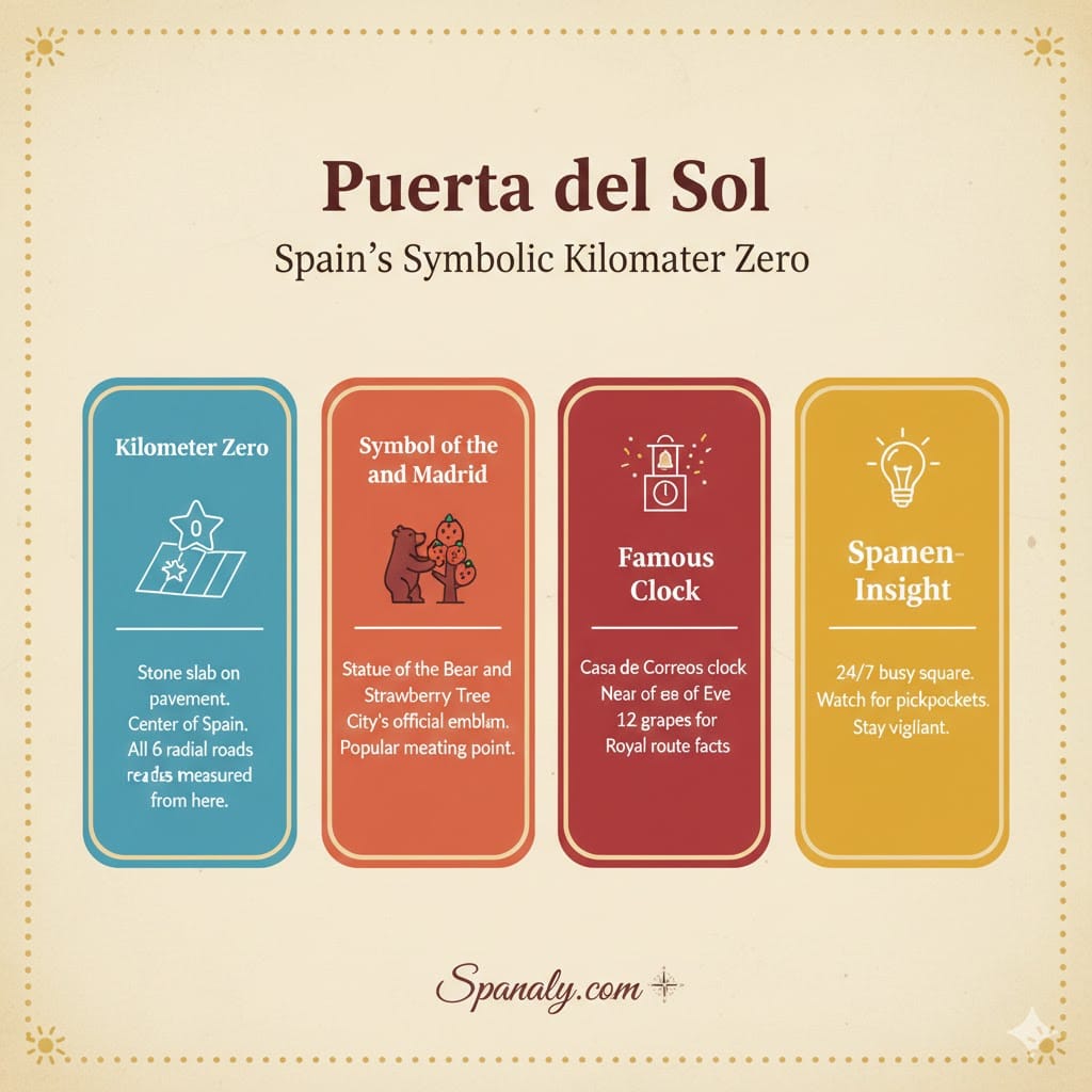 Infographic of Puerta del Sol in Madrid, featuring Kilometer Zero, the Bear and the Strawberry Tree statue, and the famous New Year's clock with Spanaly travel tips.