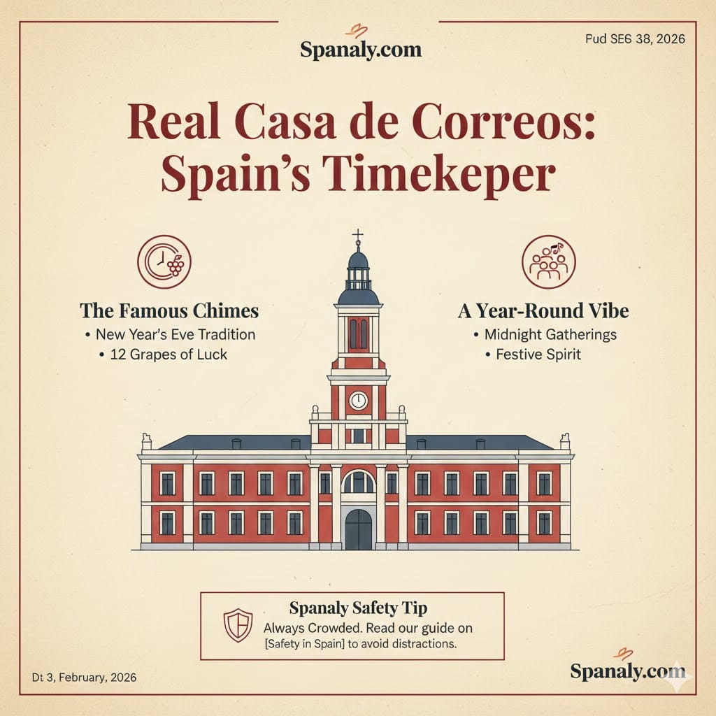 An infographic of the Real Casa de Correos in Puerta del Sol, Madrid, featuring the iconic clock tower, the New Year's Eve 12 grapes tradition, and a Spanaly safety tip for travelers.