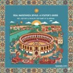 A vibrant and artistic illustration of the Real Maestranza Bullring in Seville, featuring the iconic arena, the Guadalquivir river, a flamenco dancer, and traditional Andalusian elements under a bright sun, with the Spanaly.com logo.