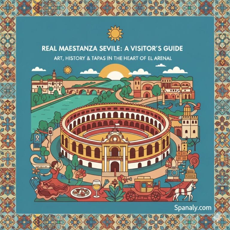 A vibrant and artistic illustration of the Real Maestranza Bullring in Seville, featuring the iconic arena, the Guadalquivir river, a flamenco dancer, and traditional Andalusian elements under a bright sun, with the Spanaly.com logo.