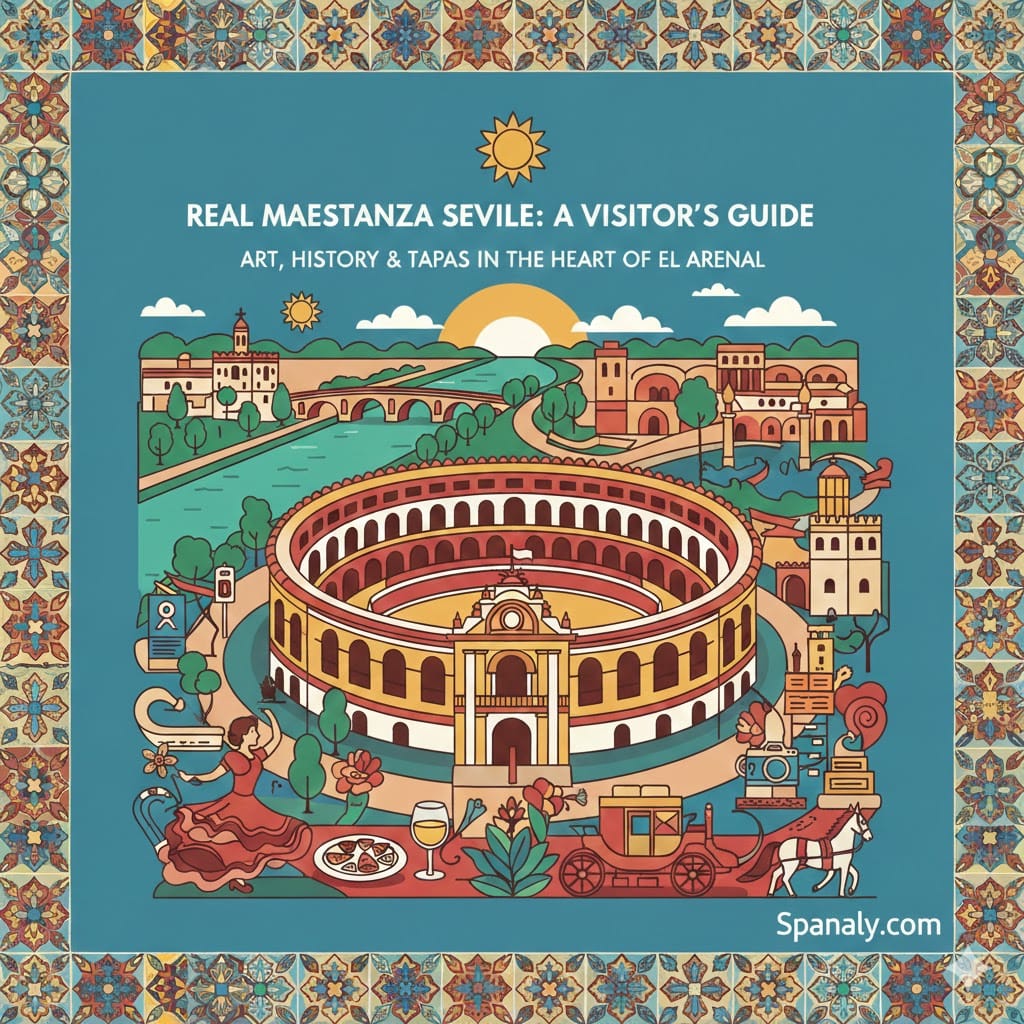 A vibrant and artistic illustration of the Real Maestranza Bullring in Seville, featuring the iconic arena, the Guadalquivir river, a flamenco dancer, and traditional Andalusian elements under a bright sun, with the Spanaly.com logo.