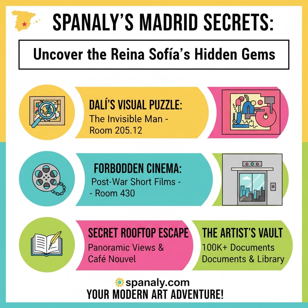 Infographic of Reina Sofia Museum hidden gems featuring Dali's visual puzzle, forbidden cinema, and the secret rooftop escape in Madrid.