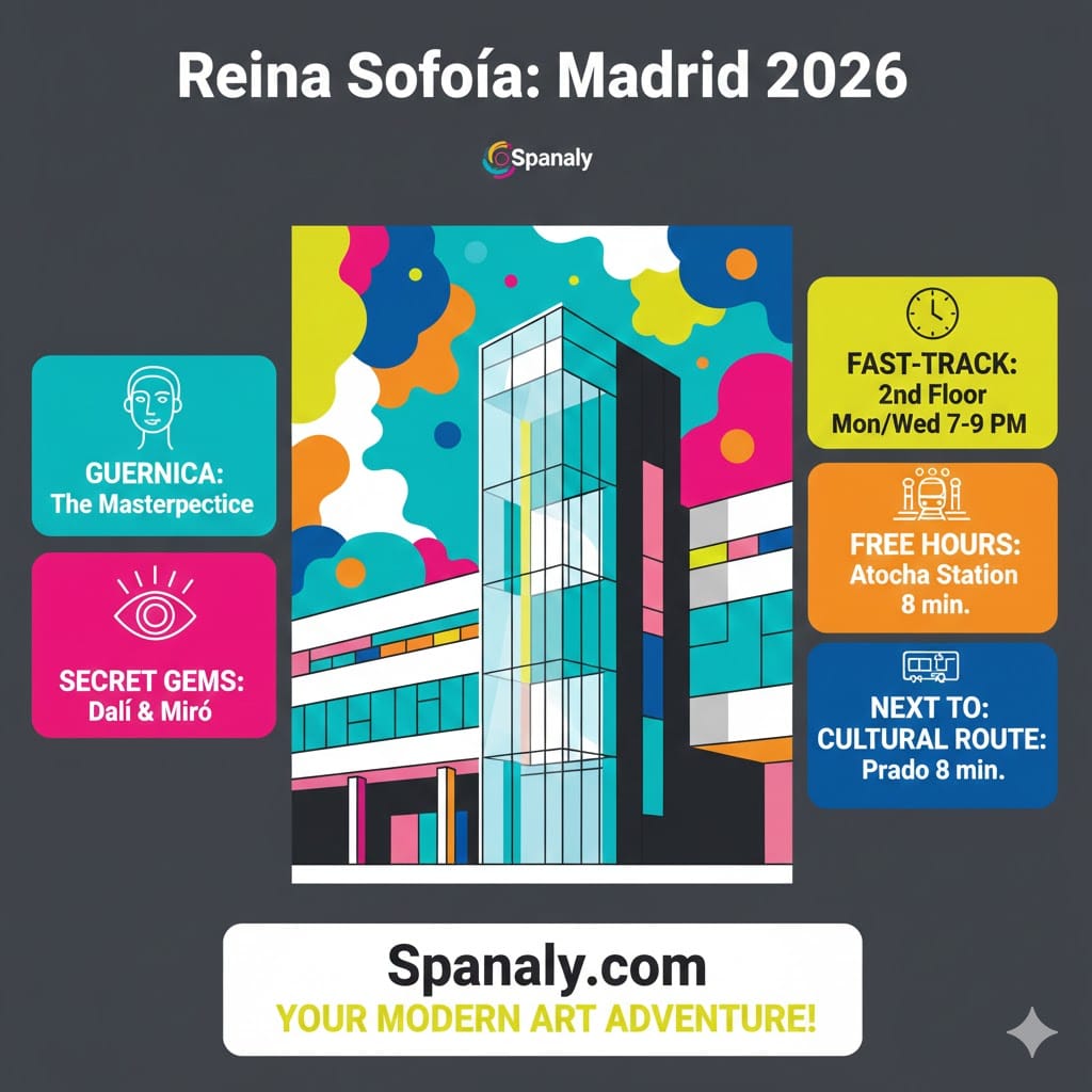 Infographic of Reina Sofia Museum masterpieces including Picasso's Guernica, Dali, and Miro with visitor tips for 2026.