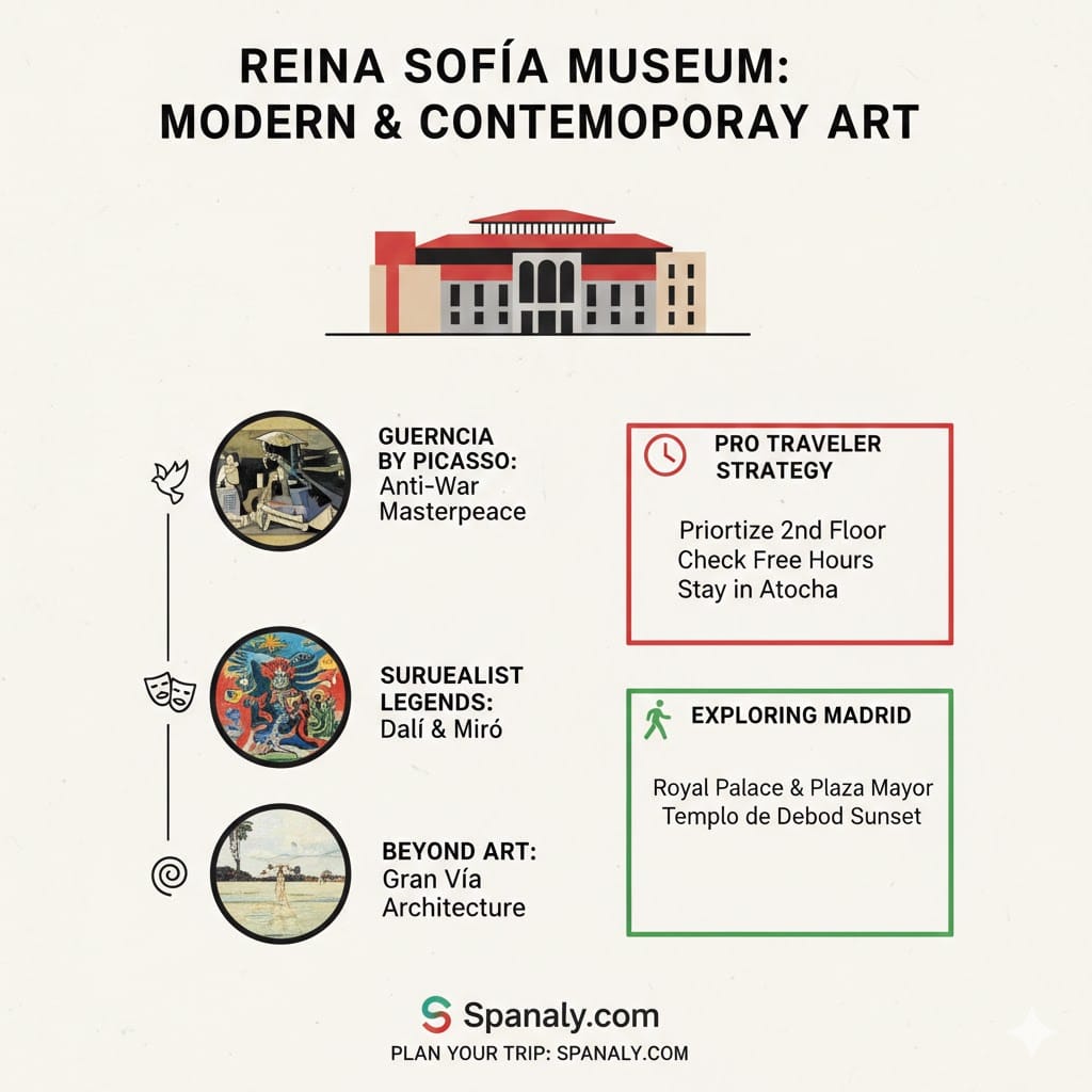 Modern art infographic for Reina Sofía Museum in Madrid, featuring Picasso's Guernica, surrealist art by Dalí, and strategic visitor tips for 2026.