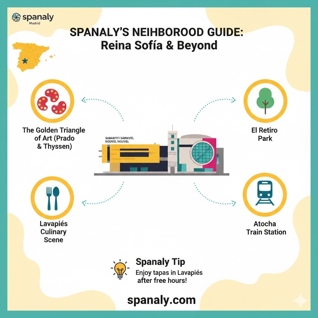 Infographic map showing attractions near Museo Reina Sofia including El Retiro Park, Atocha Station, Lavapies culinary scene, and the Golden Triangle of Art.