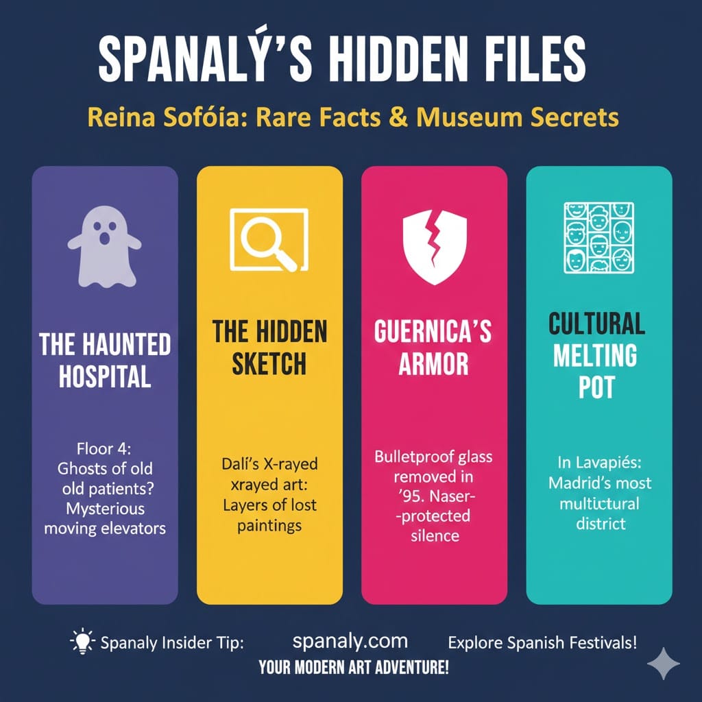 Infographic of Museo Reina Sofia secrets including the haunted hospital legend, Dali's hidden sketches, and Guernica's bulletproof history.