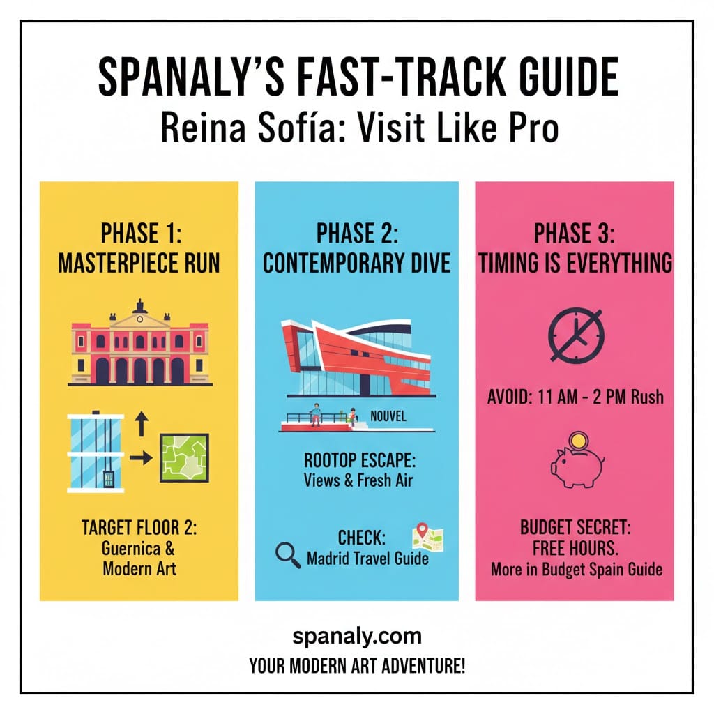 Infographic of the Reina Sofia Museum visit strategy for 2026, showing Phase 1 Sabatini Building, Phase 2 Nouvel Building, and Phase 3 timing and budget tips.