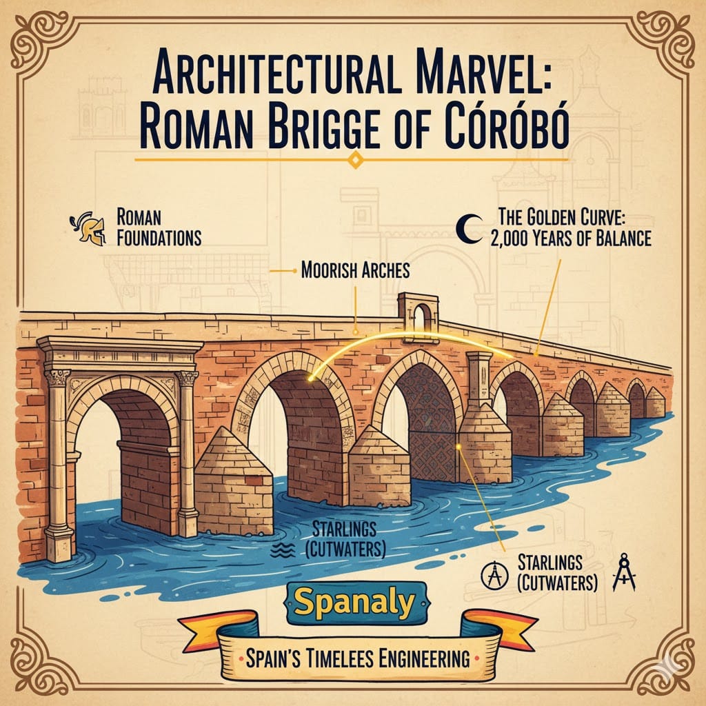 A detailed architectural infographic of the Roman Bridge of Córdoba showing its 16 arches, Moorish cutwaters (starlings), and Roman foundations with artistic icons and the Spanaly logo.