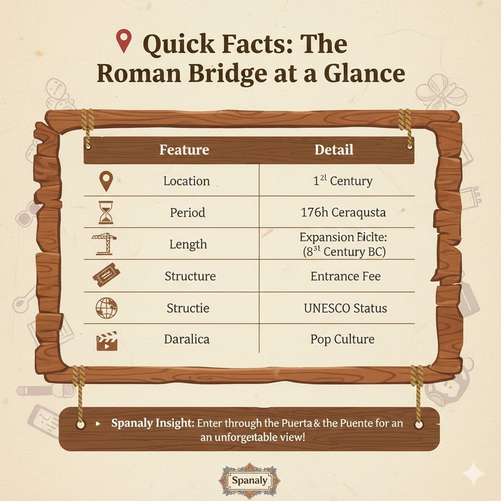 A colorful infographic table showing quick facts about the Roman Bridge of Córdoba, including its location, 1st-century origin, length, and Game of Thrones filming status, featuring the Spanaly logo.