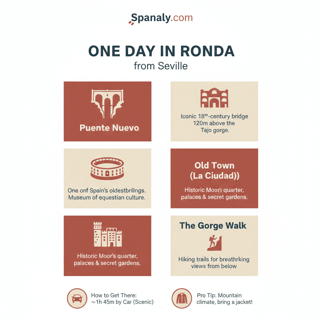 Educational travel infographic for a Ronda day trip from Seville by Spanaly, featuring the Puente Nuevo bridge, Plaza de Toros, and hiking tips for the Tajo Gorge.