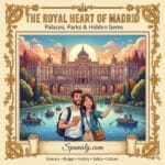 Illustrated cover of Royal Madrid featuring the Royal Palace, a couple enjoying the lake at Retiro Park, and a golden frame with the title The Royal Heart of Madrid by Spanaly.