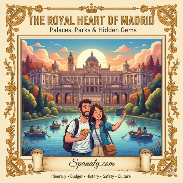 Illustrated cover of Royal Madrid featuring the Royal Palace, a couple enjoying the lake at Retiro Park, and a golden frame with the title The Royal Heart of Madrid by Spanaly.