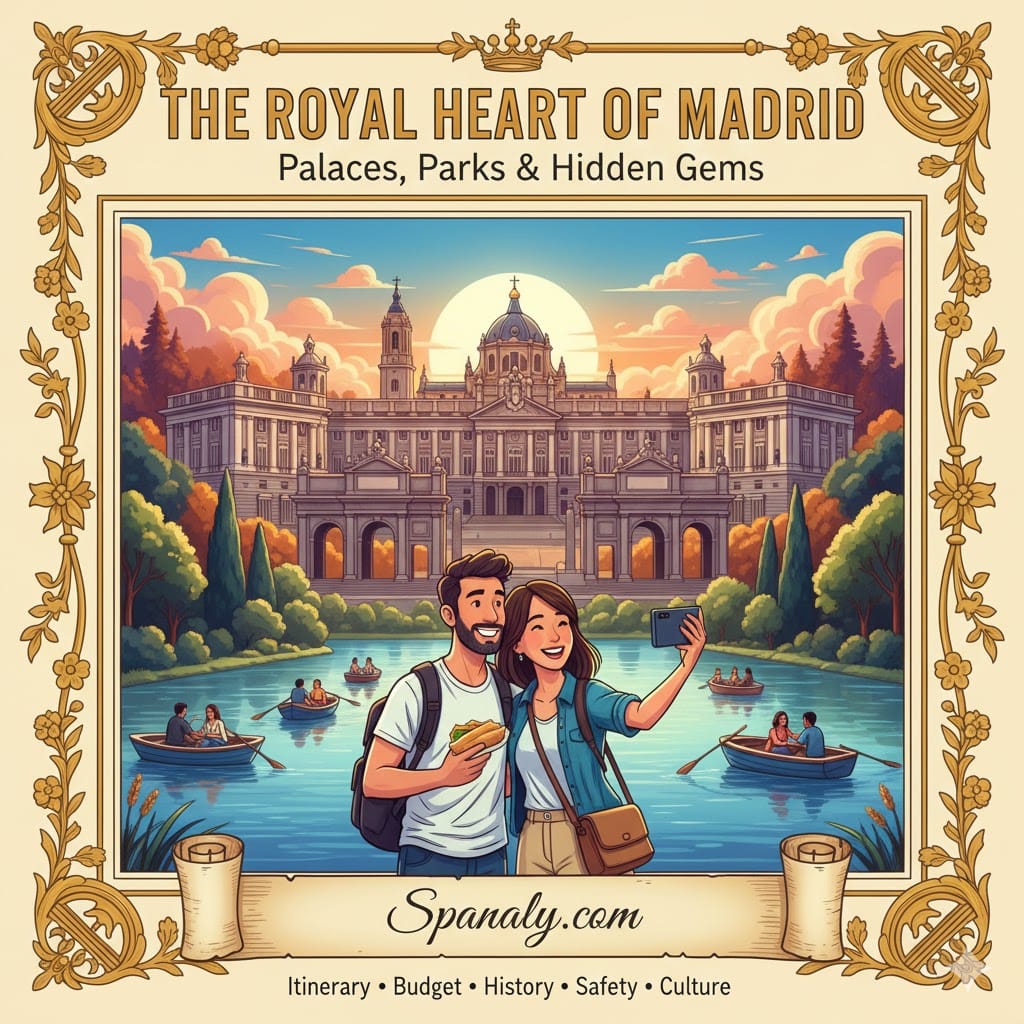 Illustrated cover of Royal Madrid featuring the Royal Palace, a couple enjoying the lake at Retiro Park, and a golden frame with the title The Royal Heart of Madrid by Spanaly.