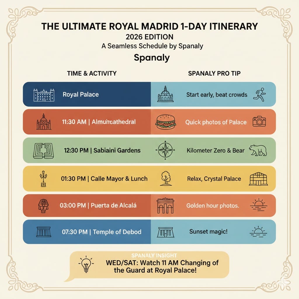 A colorful 1-day itinerary infographic for Royal Madrid, featuring a timeline of activities from the Royal Palace to the Temple of Debod with travel icons and pro tips.