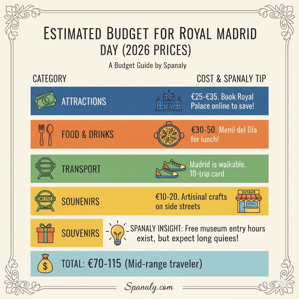 Colorful infographic of the estimated daily budget for Royal Madrid in 2026, showing costs for attractions, food, transport, and souvenirs with Spanaly saving tips.