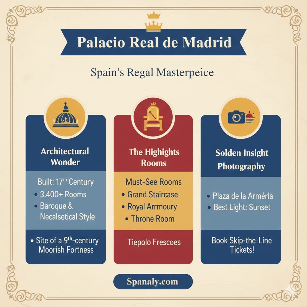 An educational infographic about the Royal Palace of Madrid, highlighting its 17th-century architecture, must-see rooms like the Grand Staircase, and Spanaly photography tips.