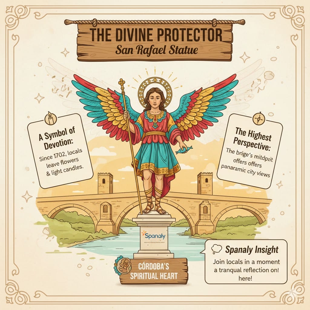 A vibrant infographic of the San Rafael statue on the Roman Bridge of Córdoba, highlighting its status as the city's divine protector since 1702 with Spanaly travel insights.