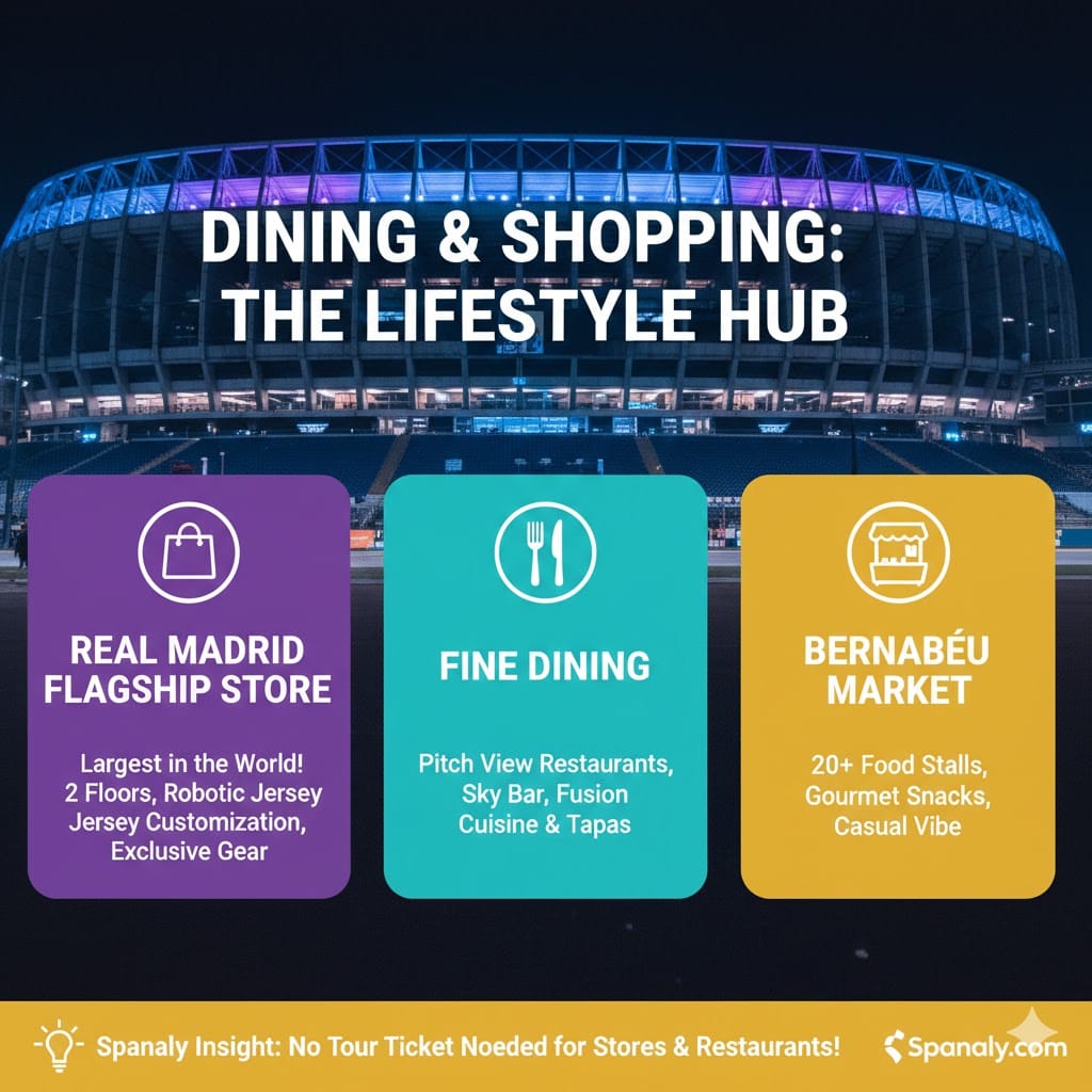 A colorful 1024x1024 infographic titled Dining & Shopping: The Lifestyle Hub at Santiago Bernabéu. It features three cards: Real Madrid Flagship Store (Largest in the world, 2 floors, robotic jersey customization), Fine Dining (Pitch view restaurants, Sky Bar, Fusion cuisine & Tapas), and Bernabéu Market (20+ food stalls, gourmet snacks). Bottom banner includes a Spanaly Insight about free access without a tour ticket. Logo: Spanaly.com.
